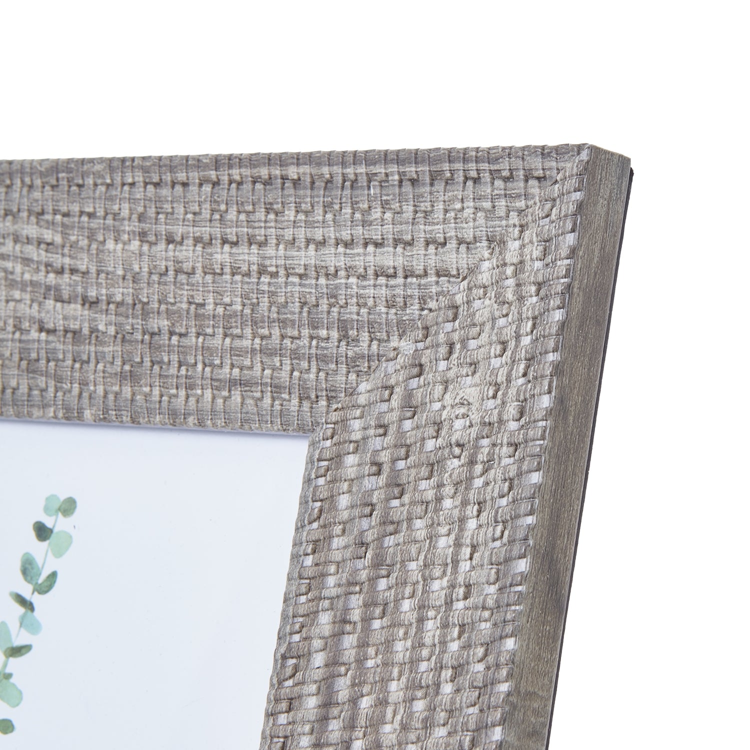 Textured grey-washed woven photo frame with intricate pattern, perfect for coastal or rustic decor, measuring 8x10 inches.