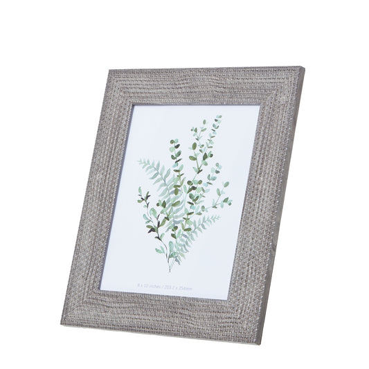 Grey-washed woven photo frame with intricate texture, designed for 8x10 photos, perfect for rustic or coastal decor.