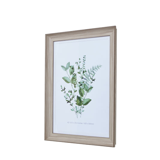 White washed A2 picture frame featuring a distressed finish, showcasing a botanical art print with green leaves, elevating rustic decor.