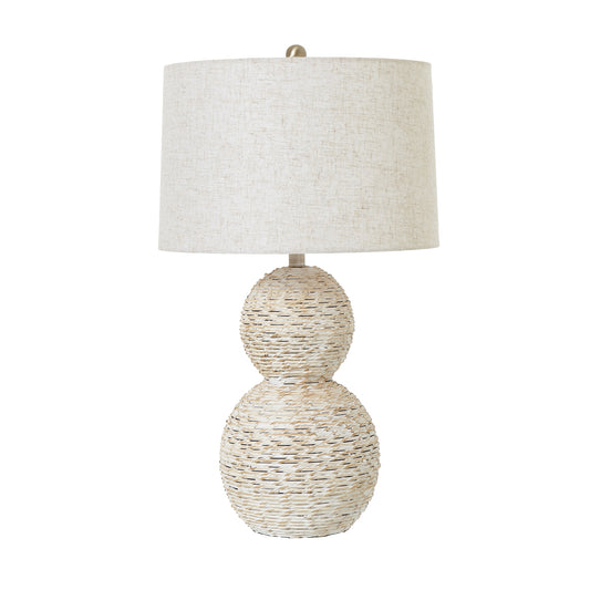 White wash wicker table lamp with a double-orb base and a soft linen shade, enhancing coastal charm in any setting.
