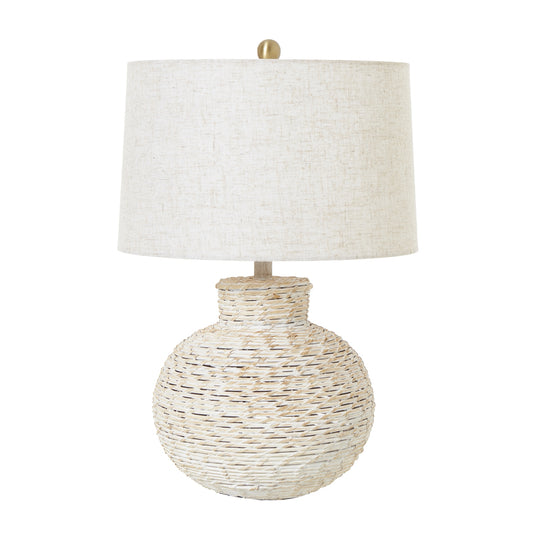 Bulbous white-wash wicker table lamp with a soft linen shade, exuding elegance for any space. Stylish and versatile lighting solution.