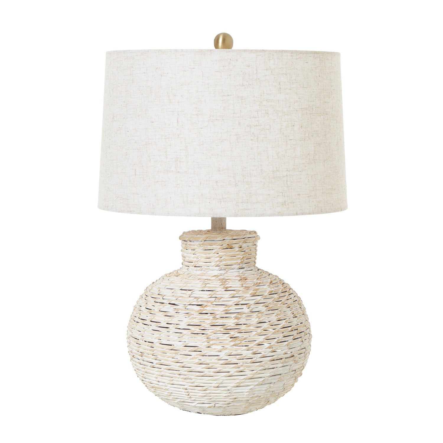 White Wash Bulbous Wicker Table Lamp With Linen Shade - Lighting from the Quanta Home collection.