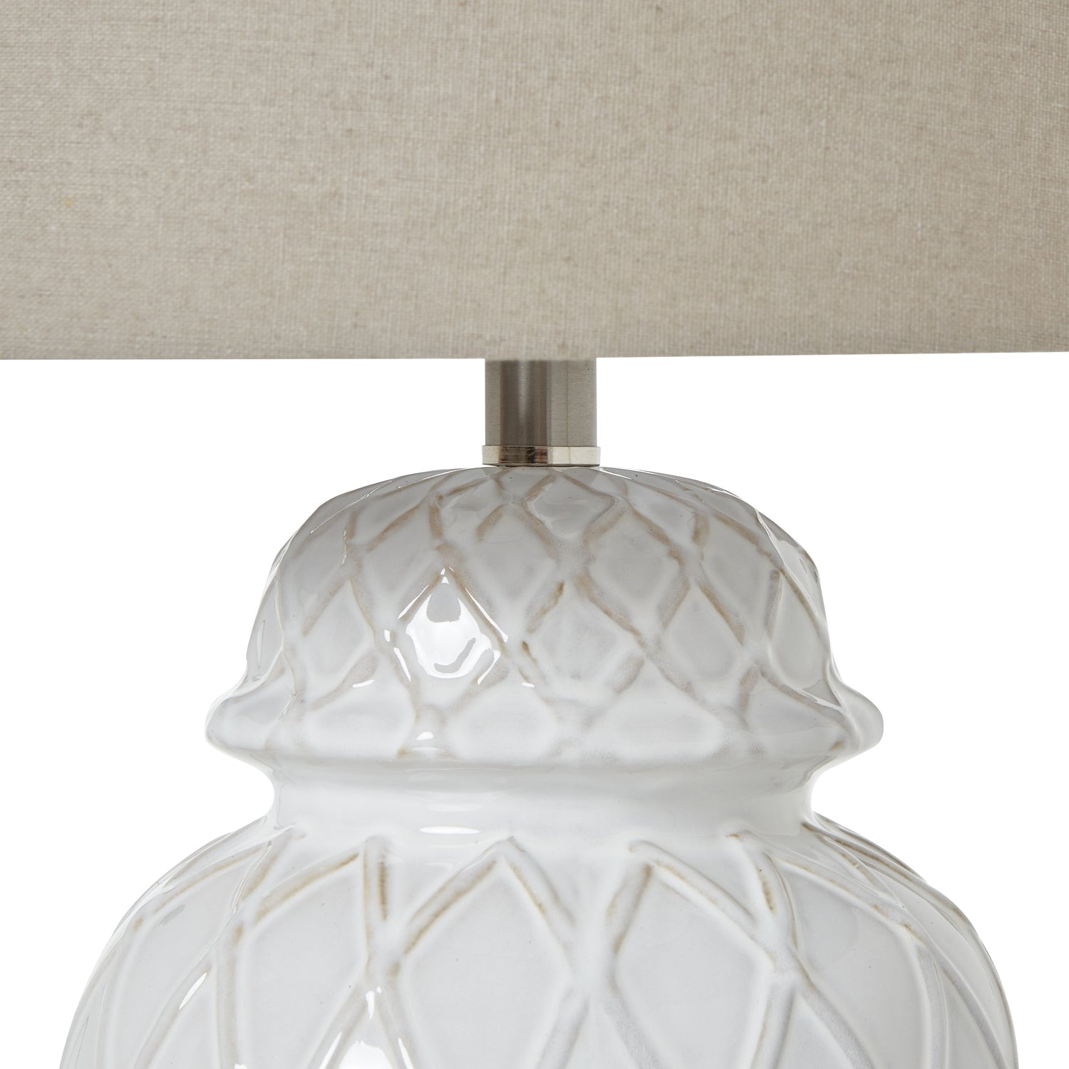 White Ceramic Ginger Jar Lamp With Linen Shade - Lighting from the Quanta Home collection.