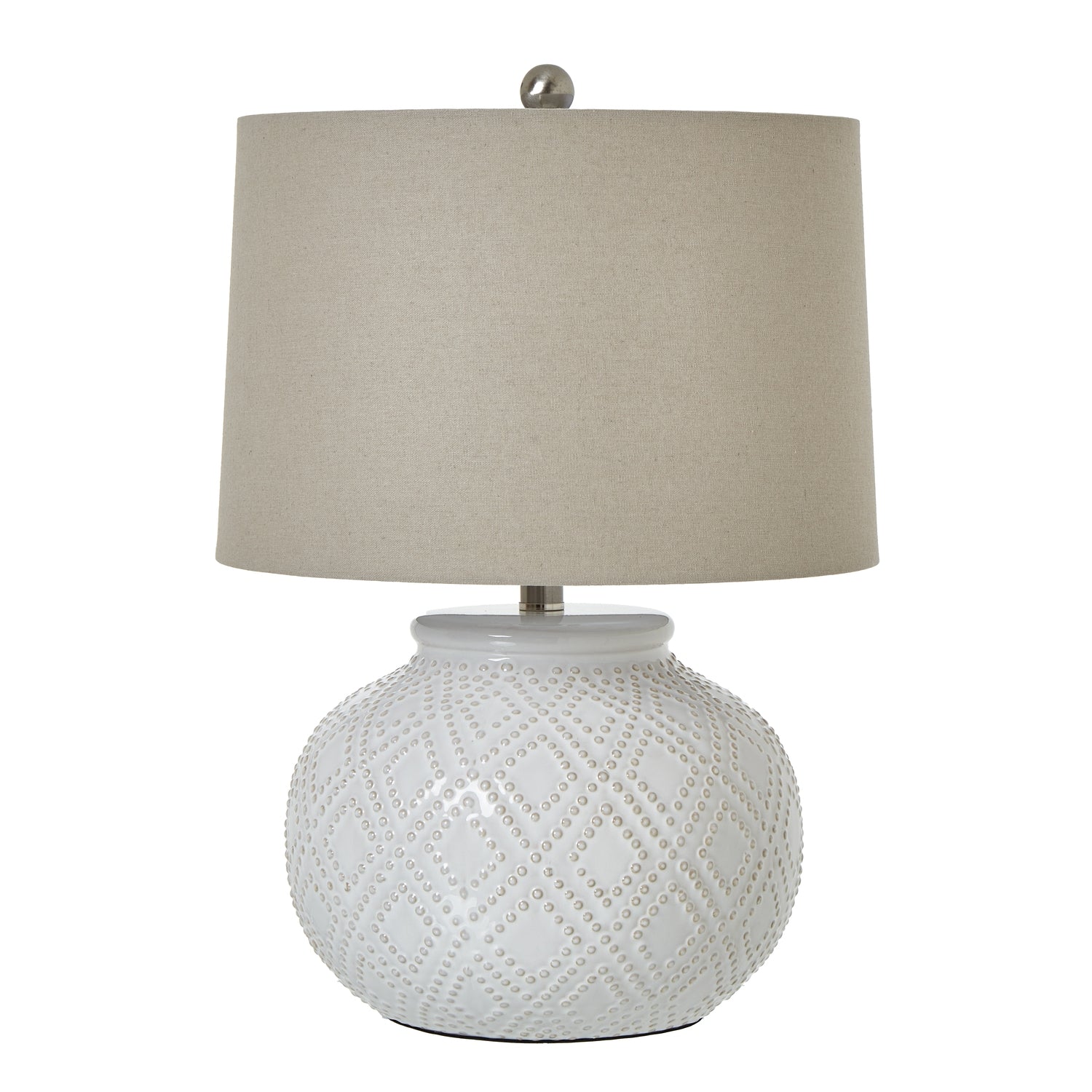 Squat White Beaded Ceramic Lamp With Linen Shade - Lighting from the Quanta Home collection.