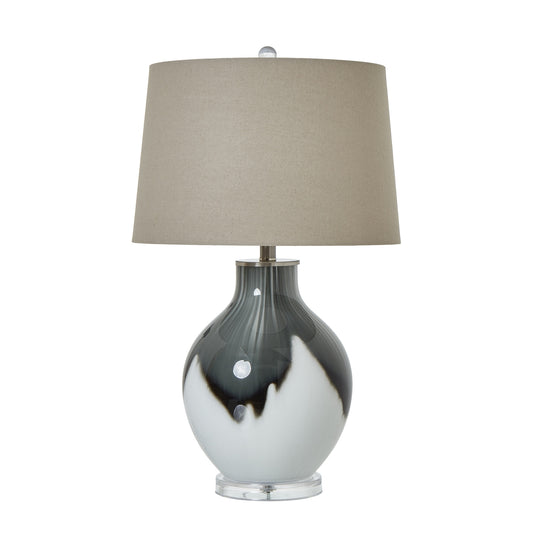 Grey ombre-effect glass base table lamp topped with a neutral linen shade, perfect for elegant home decor.