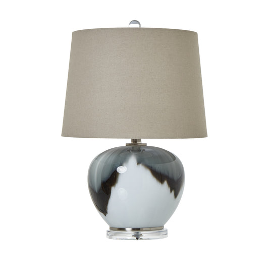 Grey glass table lamp featuring an ombre base blending charcoal to misty white, topped with a classic neutral linen shade.