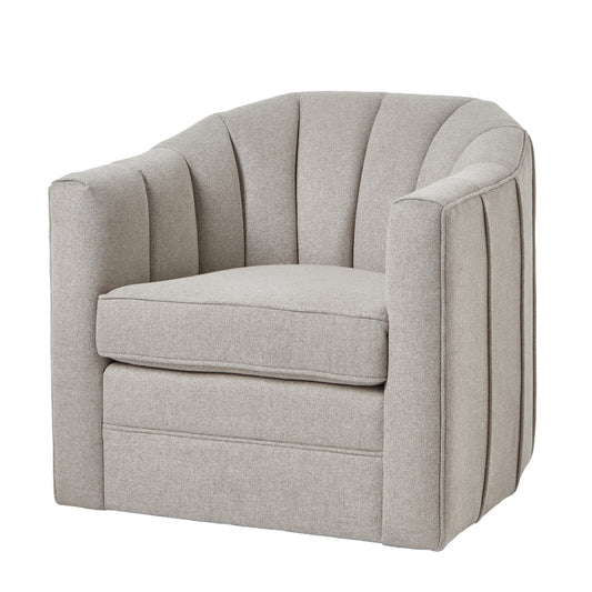 Lily Swivel Chair in soft oatmeal twill, featuring curved lines and a plush seat, perfect for modern living spaces.