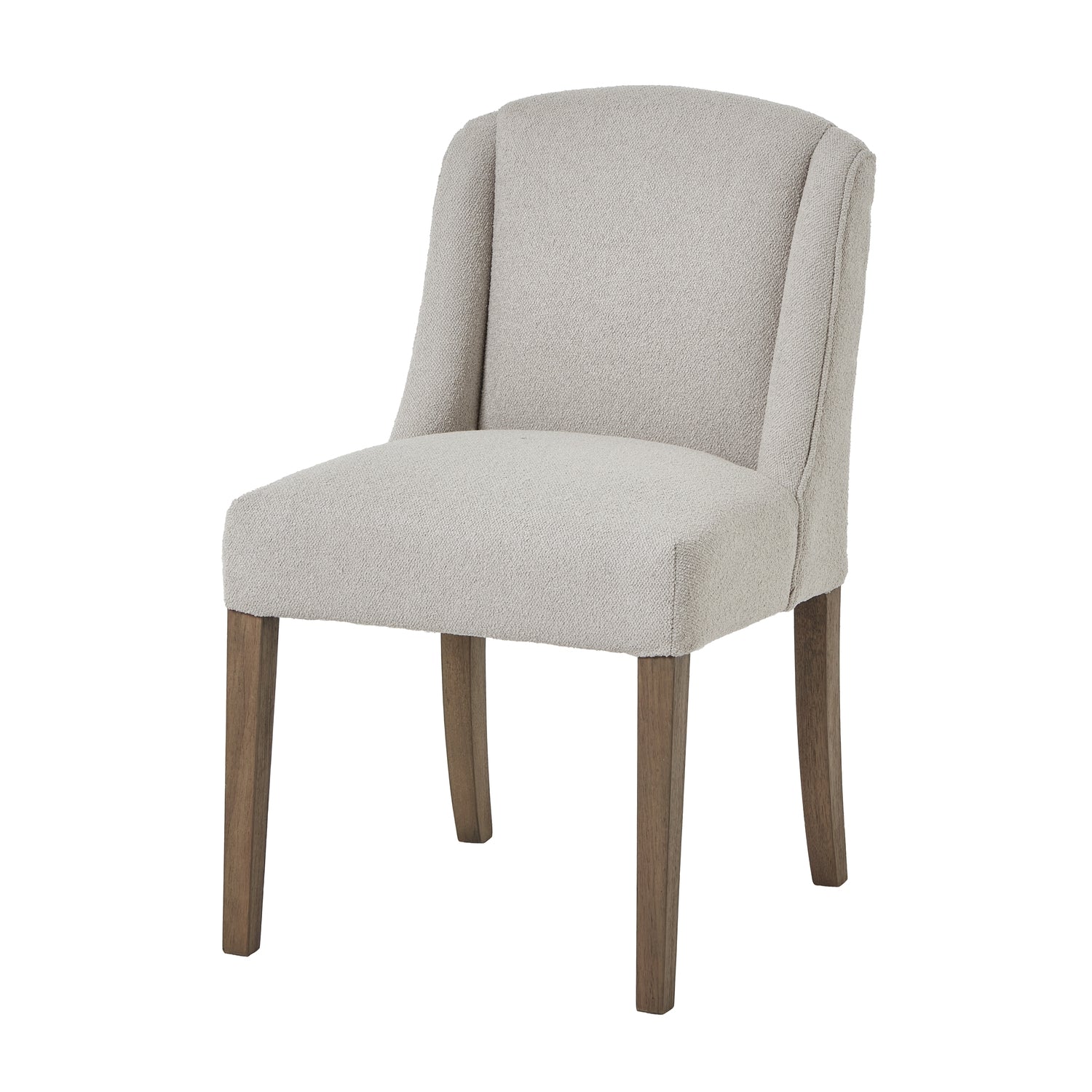 Plush, neutral-toned twill upholstery dining chair with curved backrest, sloped armrests, and sturdy wooden frame in a rustic finish.