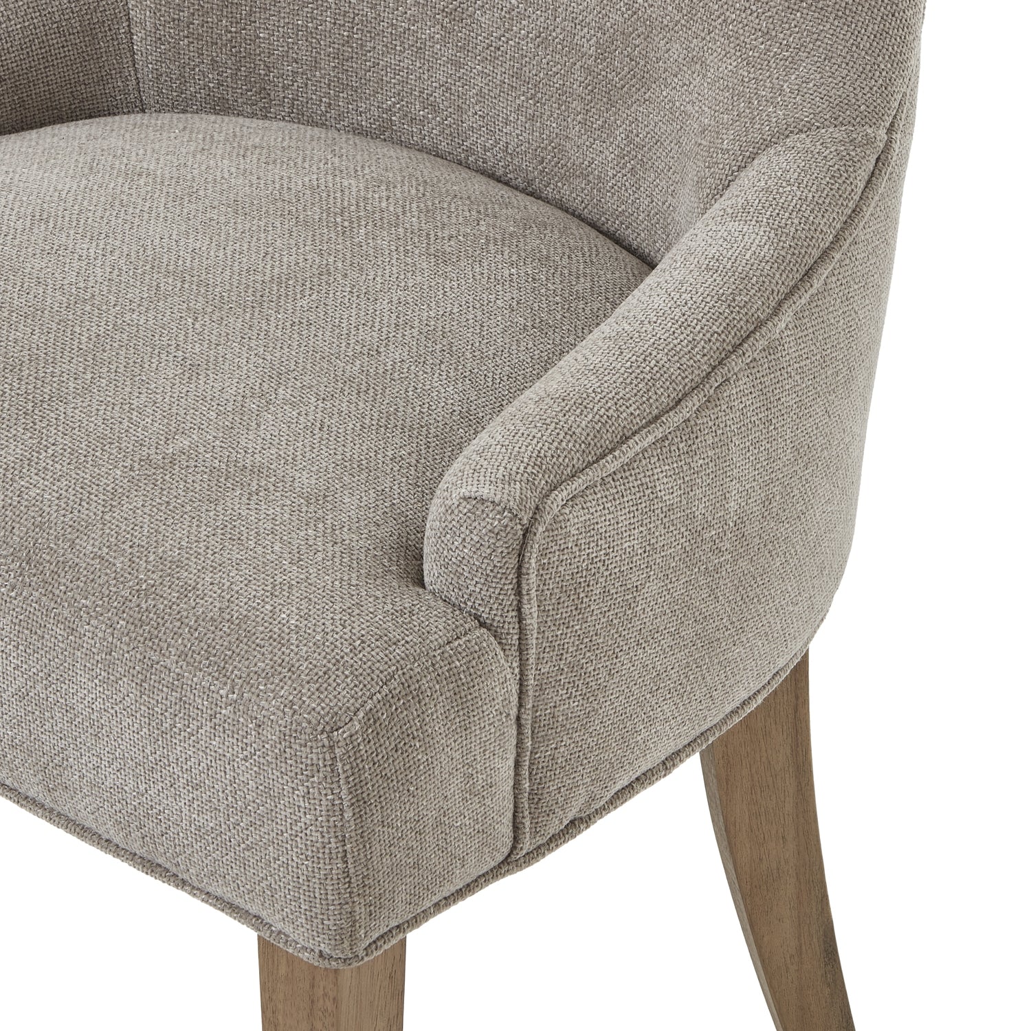 Woven taupe dining chair with plush cushioning and a sturdy wooden frame, featuring a curved silhouette for elegant comfort.
