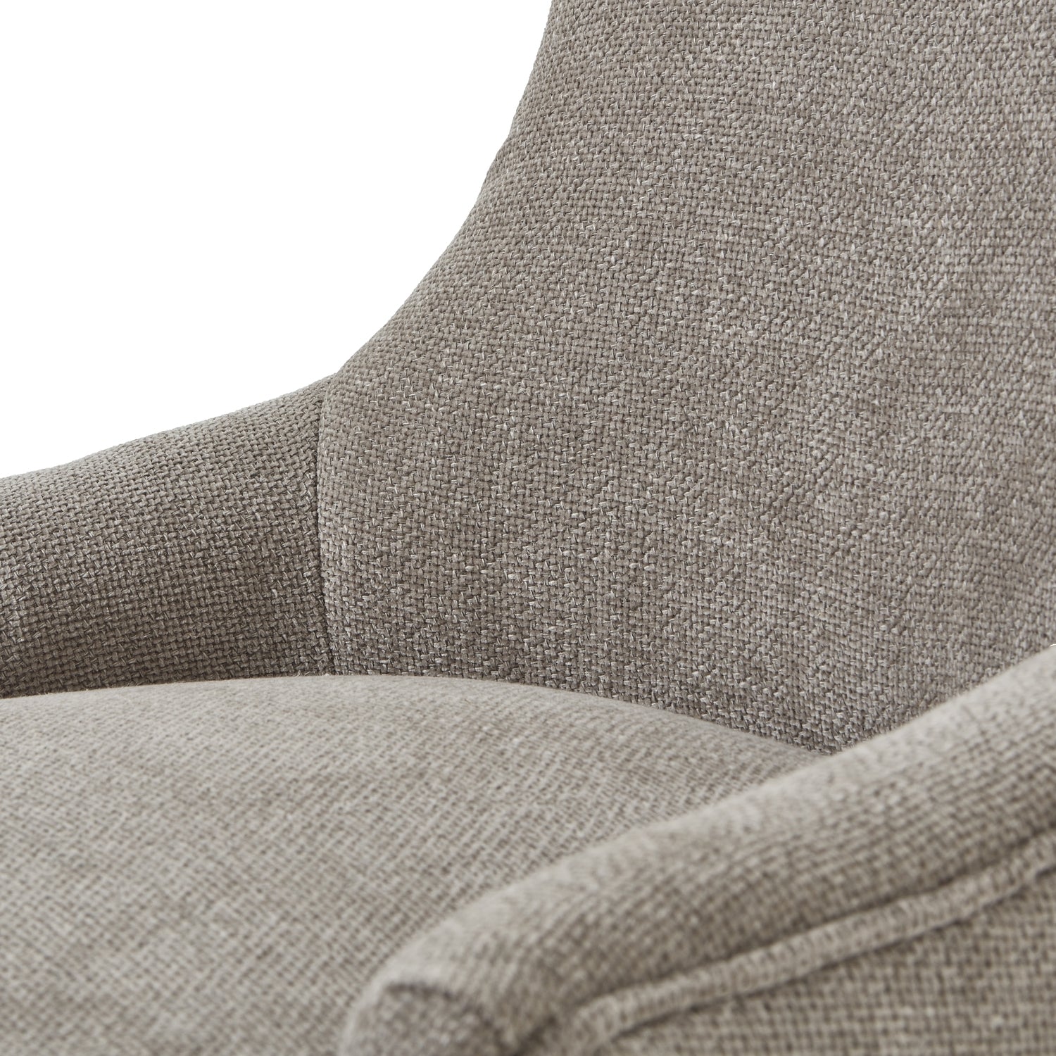 Taupe woven fabric dining chair with a curved silhouette, plush cushioning, and sturdy wooden frame, exuding elegance and comfort.