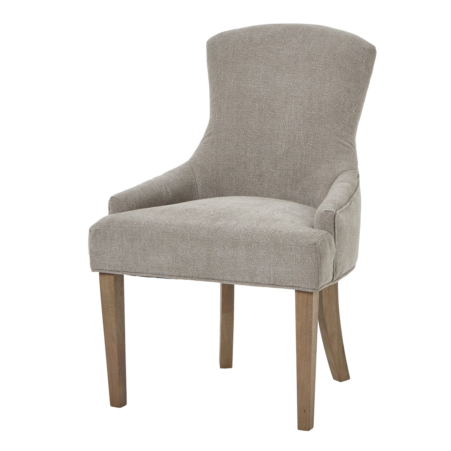 Taupe woven fabric dining chair with a curved back and plush cushioning, featuring sturdy wooden legs for elegance and durability.