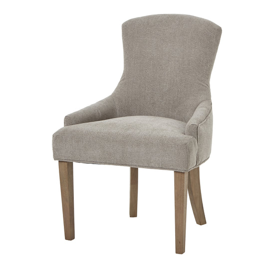 Taupe woven fabric dining chair with a curved back and plush cushioning, featuring sturdy wooden legs for elegance and durability.