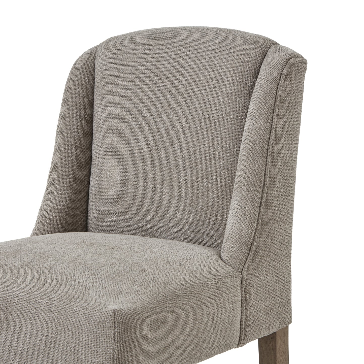 Taupe woven fabric dining chair with a sleek, curved design and solid wood frame, adding elegance to any dining space.