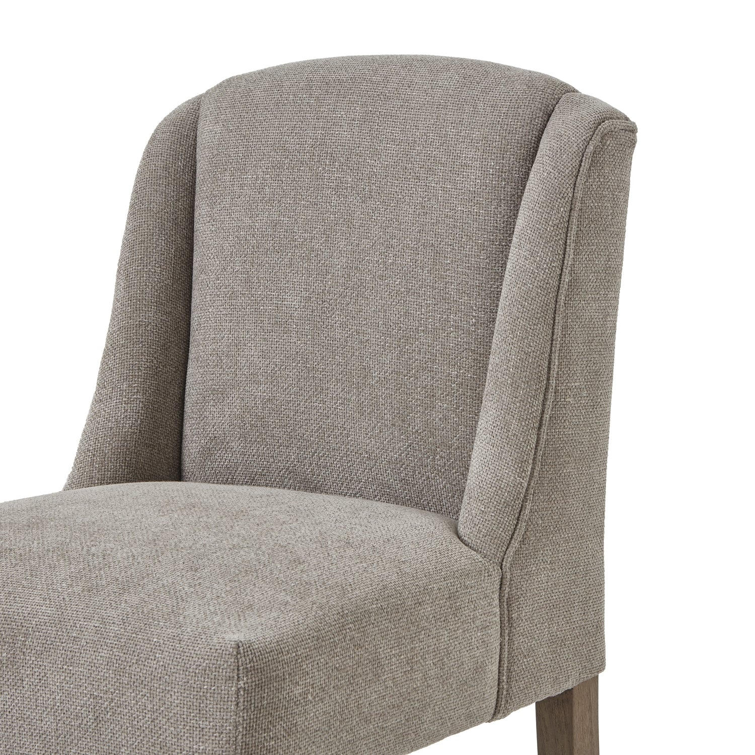 Taupe woven fabric dining chair with a sleek, curved design and solid wood frame, adding elegance to any dining space.