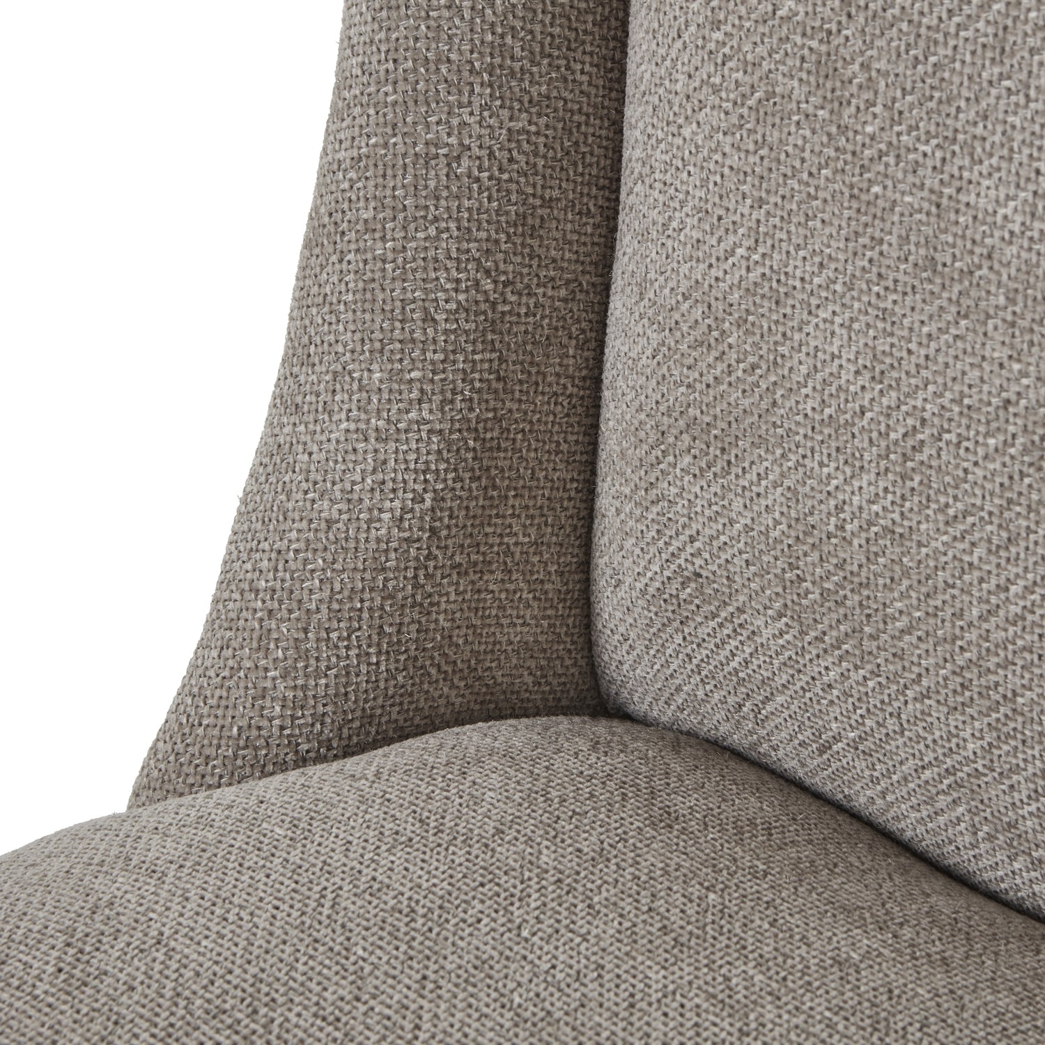 Taupe woven fabric dining chair with a sleek, curved silhouette on a solid wood frame, offering elegance and comfort.