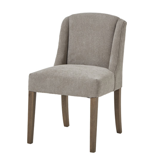 Taupe woven fabric dining chair with a curved silhouette and solid wood legs, perfect for elegant dining spaces.