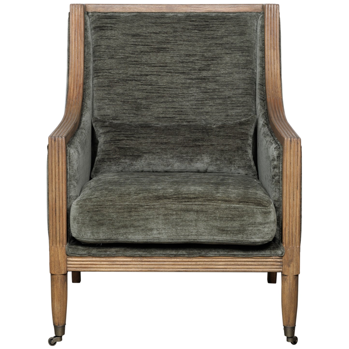 Olive velvet armchair with a curved silhouette and wooden frame, exuding elegance and sophistication for any space.