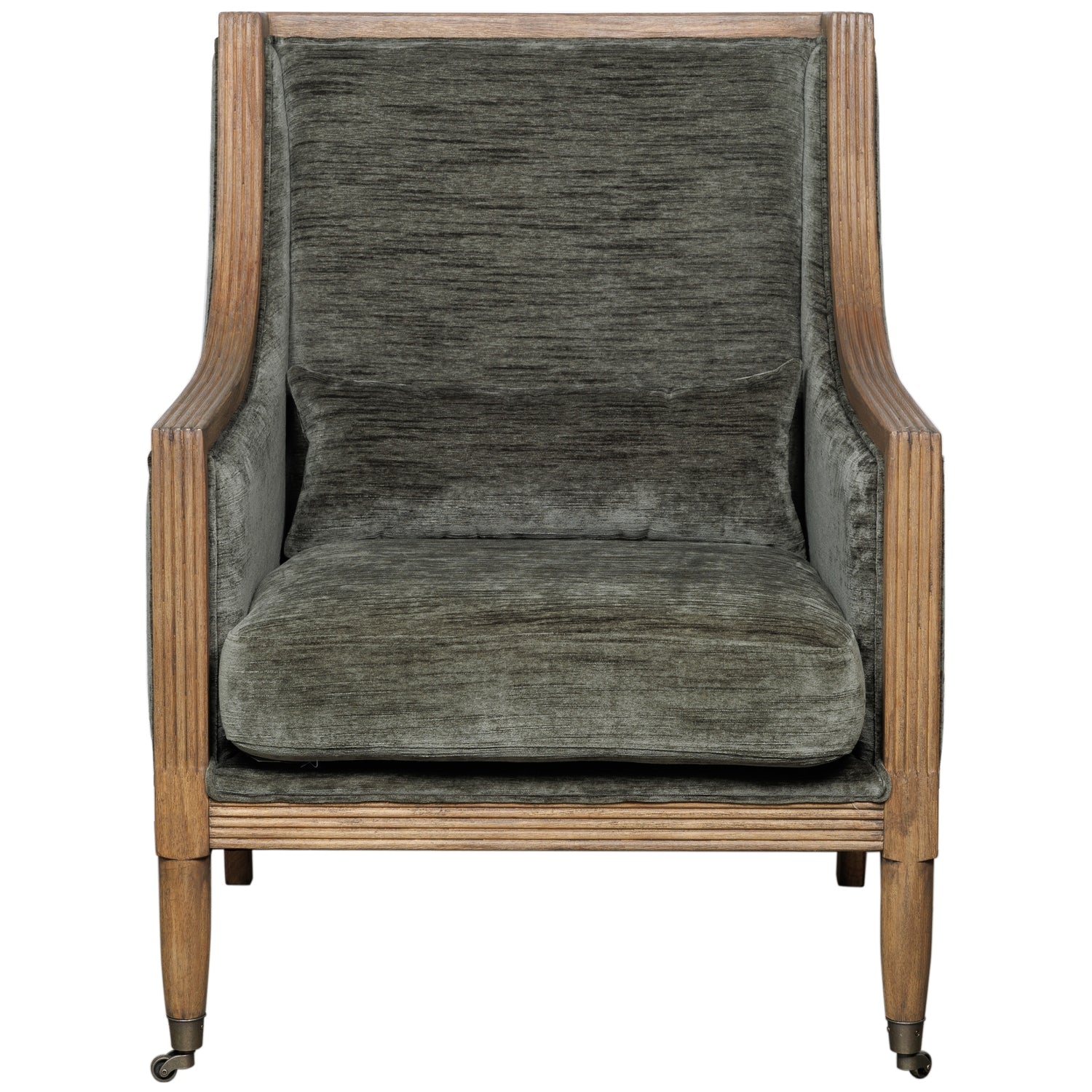Olive velvet armchair with a curved silhouette and wooden frame, exuding elegance and sophistication for any space.