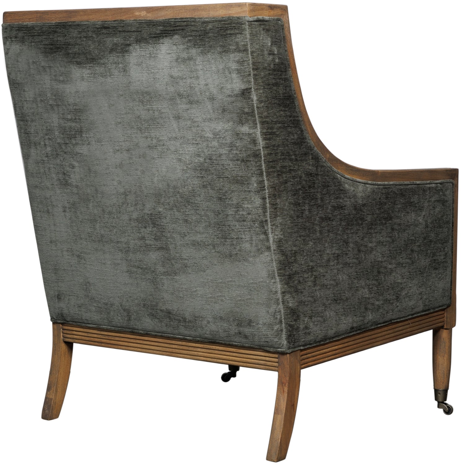 Olive velvet armchair with elegant curved silhouette and wooden base, featuring rich texture and sophistication for any space.
