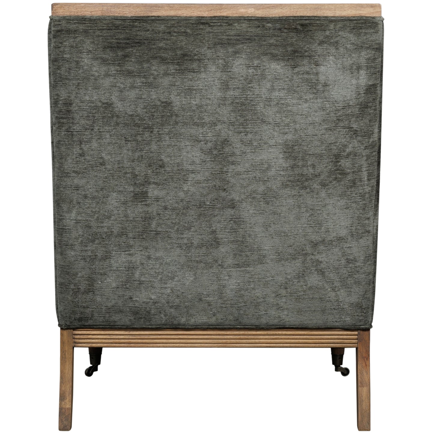 Olive velvet armchair with a curved silhouette and wooden legs, showcasing a blend of elegance and modern design.