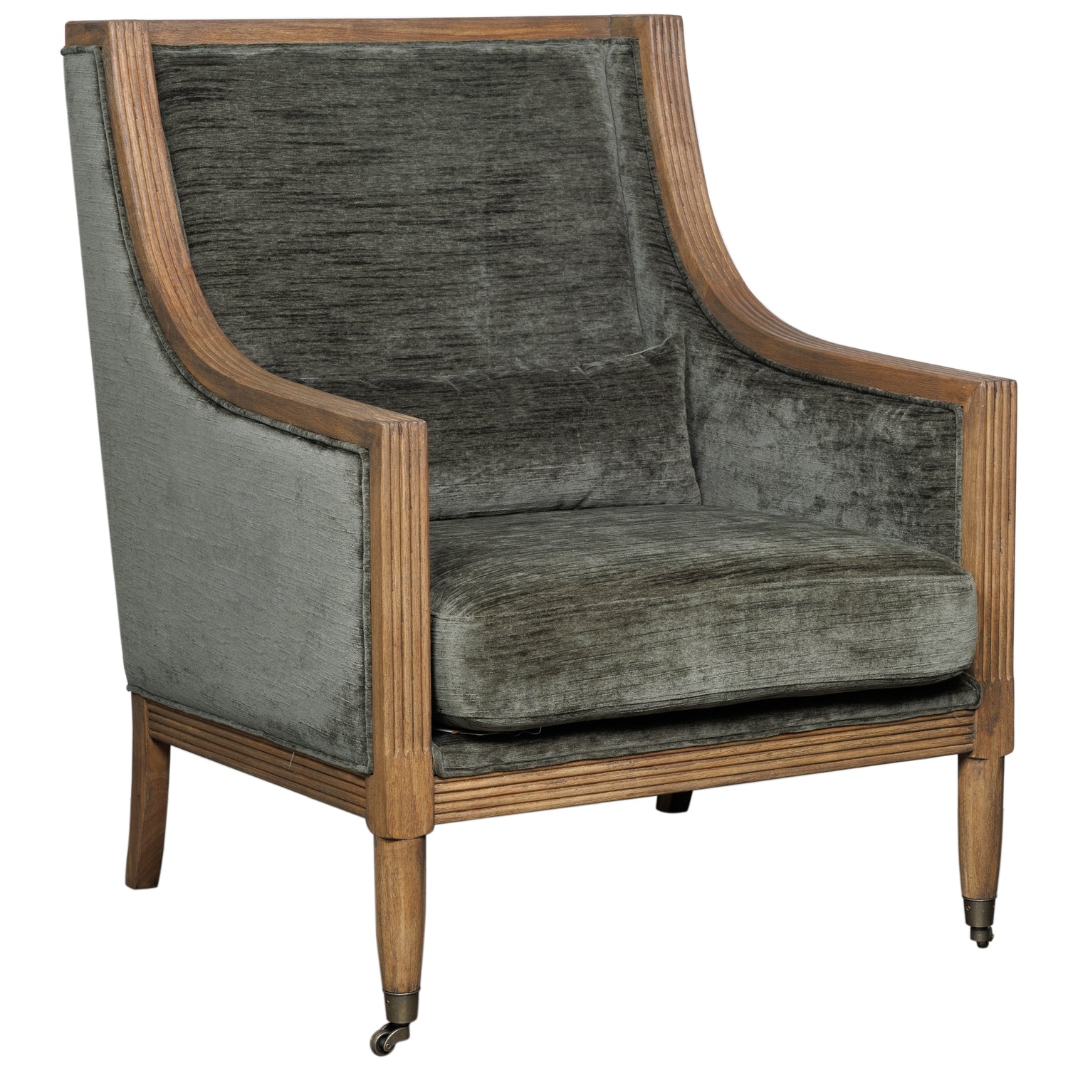 Olive velvet armchair with a curved silhouette, wooden frame, and elegantly tapered legs, perfect for sophisticated interiors.