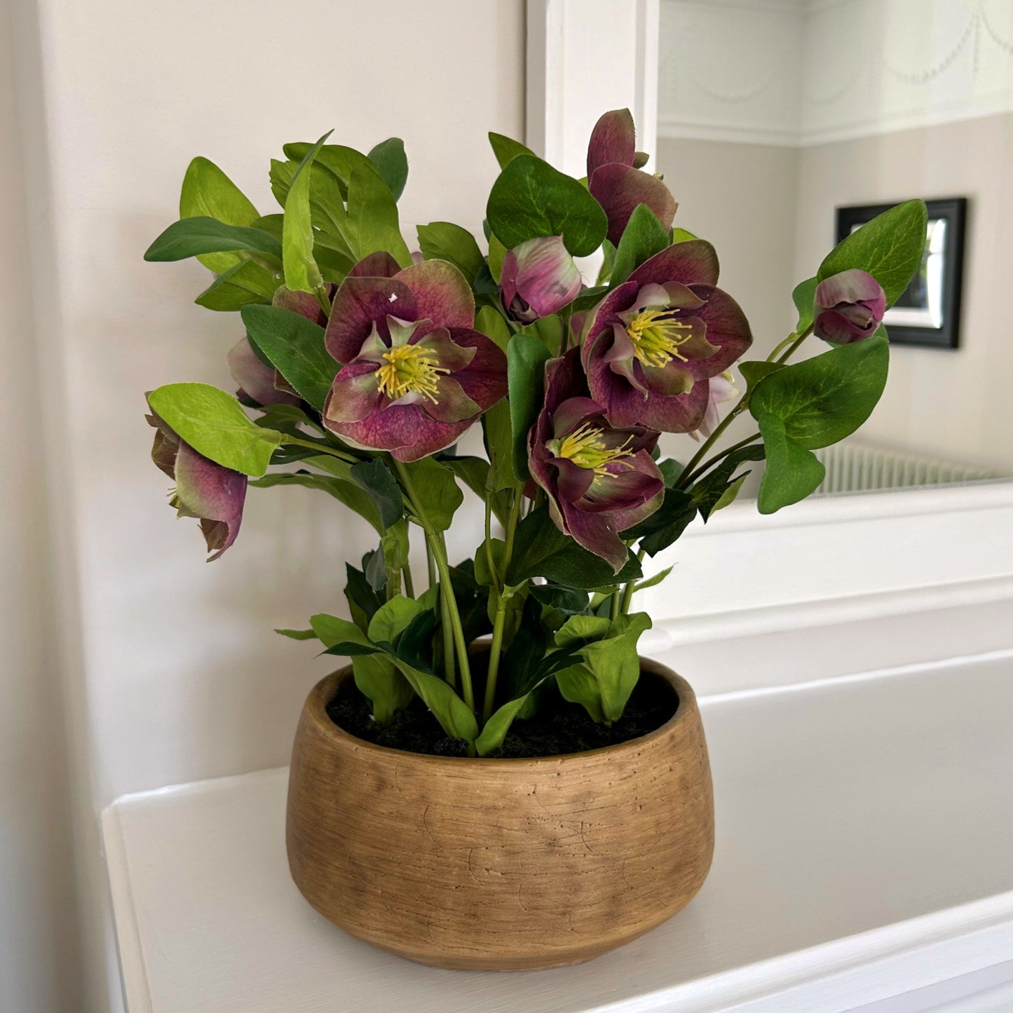 Deep Plum Hellebore Plant In Taupe Pot - All Artificial Flowers from the Quanta Home collection.