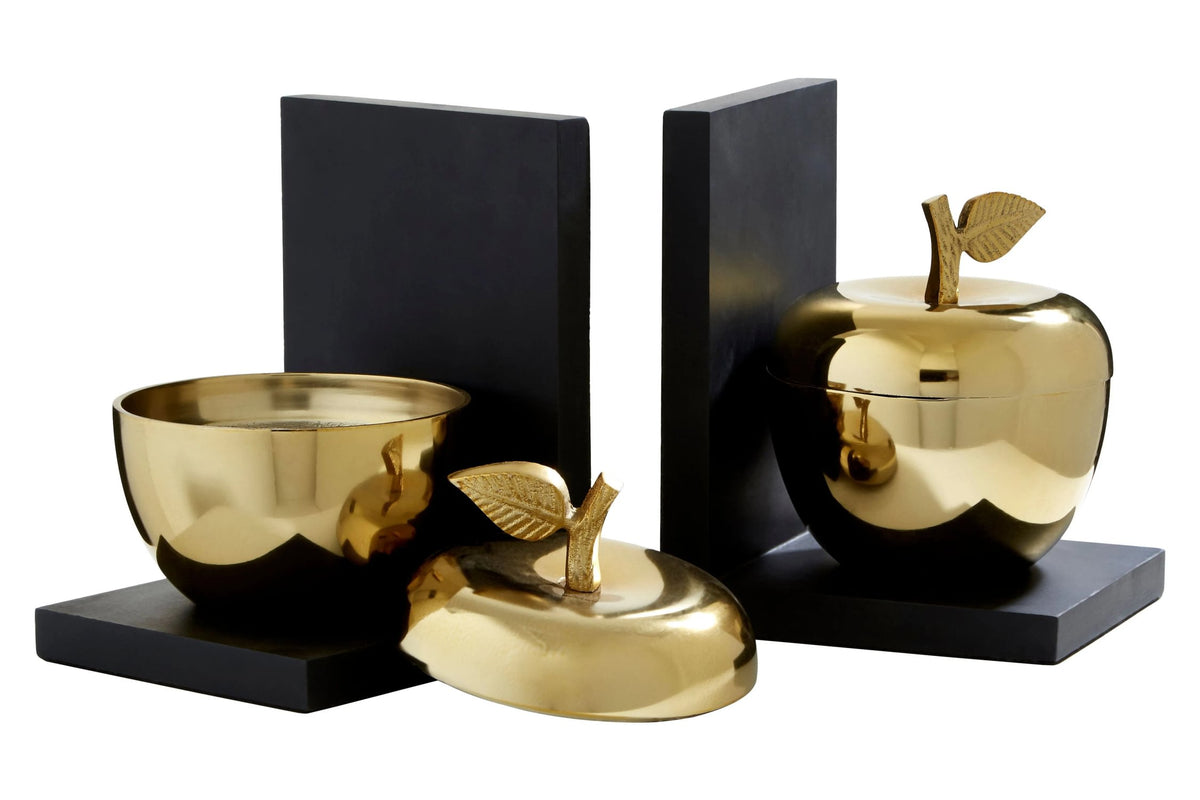 Keepsake Black and Gold Set of 2 Apple Bookends with Storage