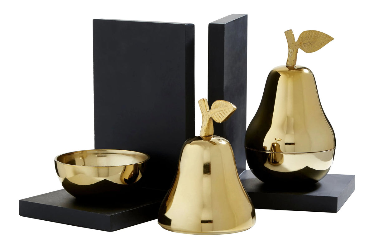 Keepsake Back and Gold Set of 2 Pear Bookends with Storage