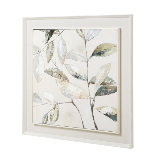 Framed canvas painting of delicate leaves in soft muted tones with a white border, adding tranquil elegance to any space.