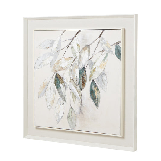 Framed canvas painting featuring silvery leaves on a soft background, accented by a sleek white frame, exuding elegance.