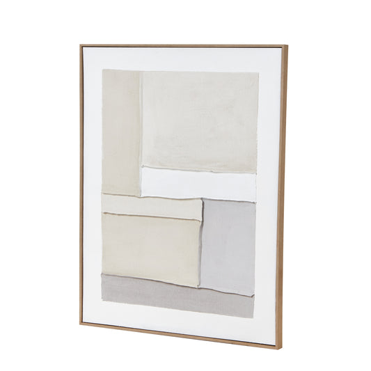 Framed canvas painting featuring a geometric design in soothing neutral tones, encased in a sleek champagne frame.
