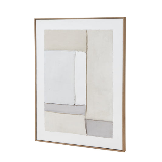 Framed canvas painting featuring soft greys, whites, and beiges; geometric blocks create depth in a sleek champagne frame.