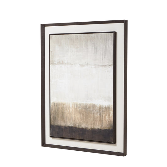 Modern abstract painting on textured linen, framed in sleek dark wood, showcasing elegant neutral tones for a sophisticated decor accent.