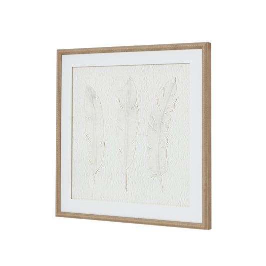 Handpainted art featuring delicate white feather impressions, framed in a glamorous champagne-toned beaded frame.