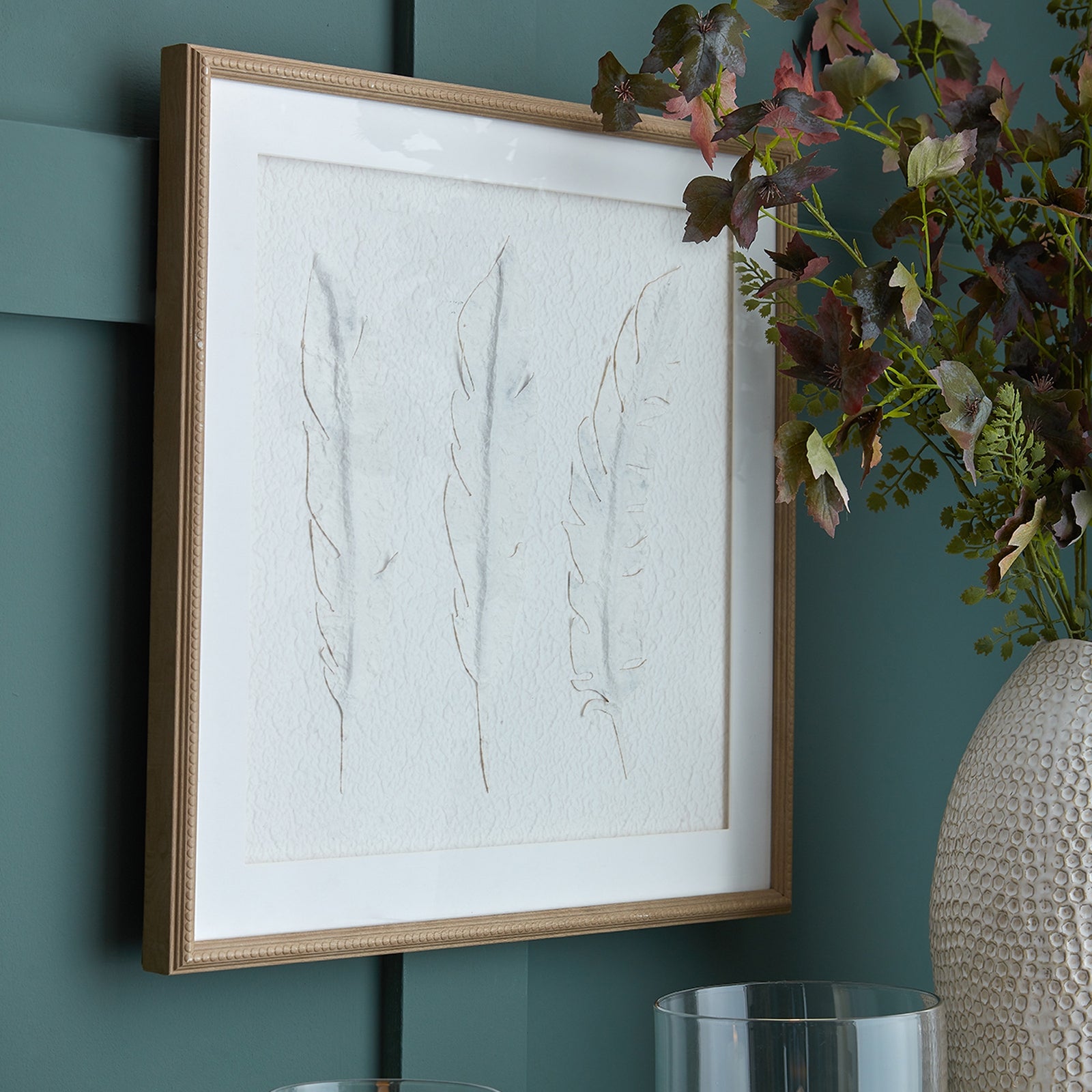 Solli White Feathers Art Mounted In Beaded Frame - Handpainted Art from the Quanta Home collection.