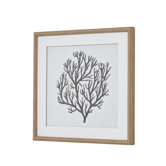 Black coral silhouette artwork in a natural wooden beaded frame, 60cm square, perfect for coastal or contemporary decor.