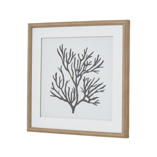 Black and white coral silhouette art in an elegant beaded frame with a natural wood-toned finish, enhancing coastal décor.