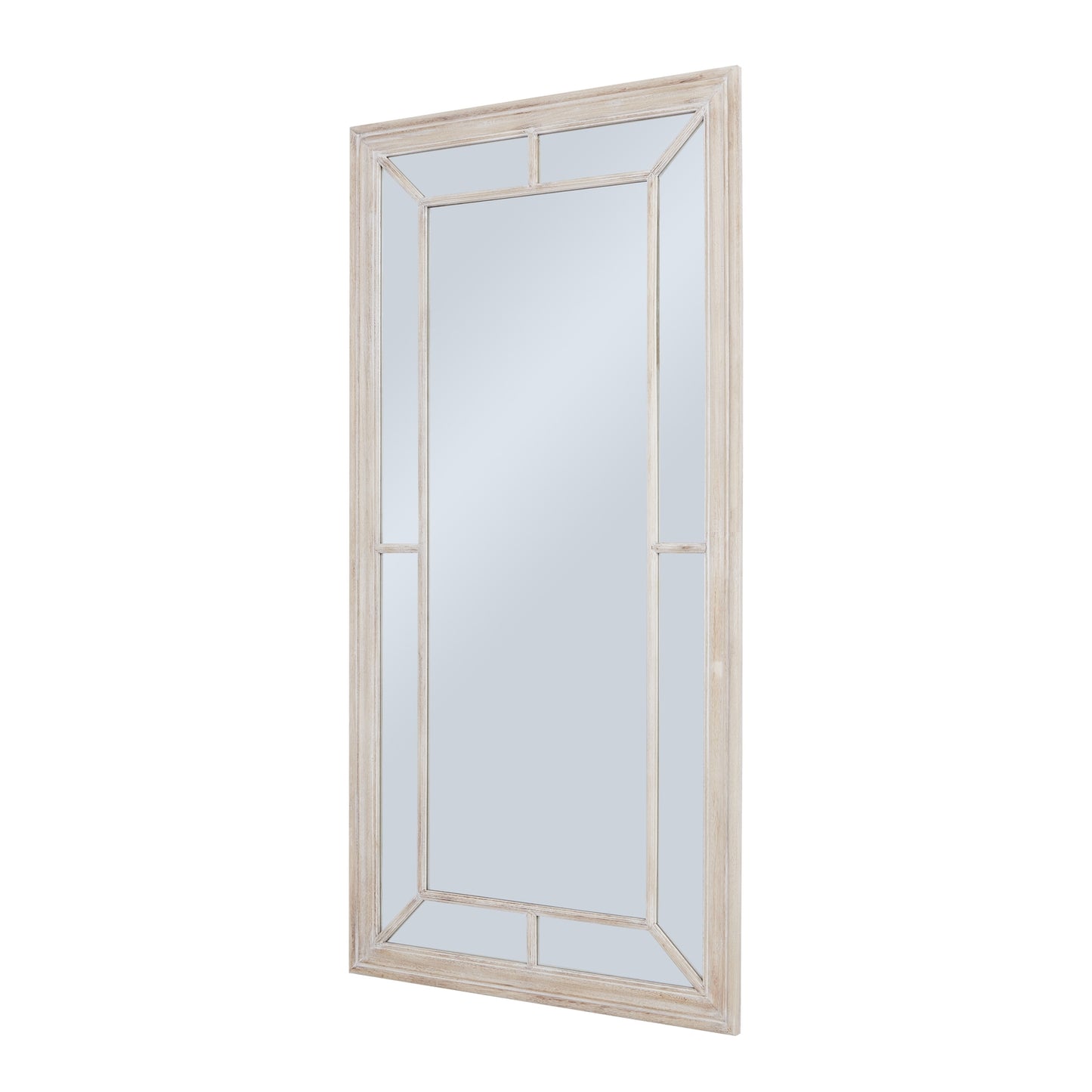 Large mirror with a weathered wood frame, featuring a classic paned design that adds rustic charm to any decor.