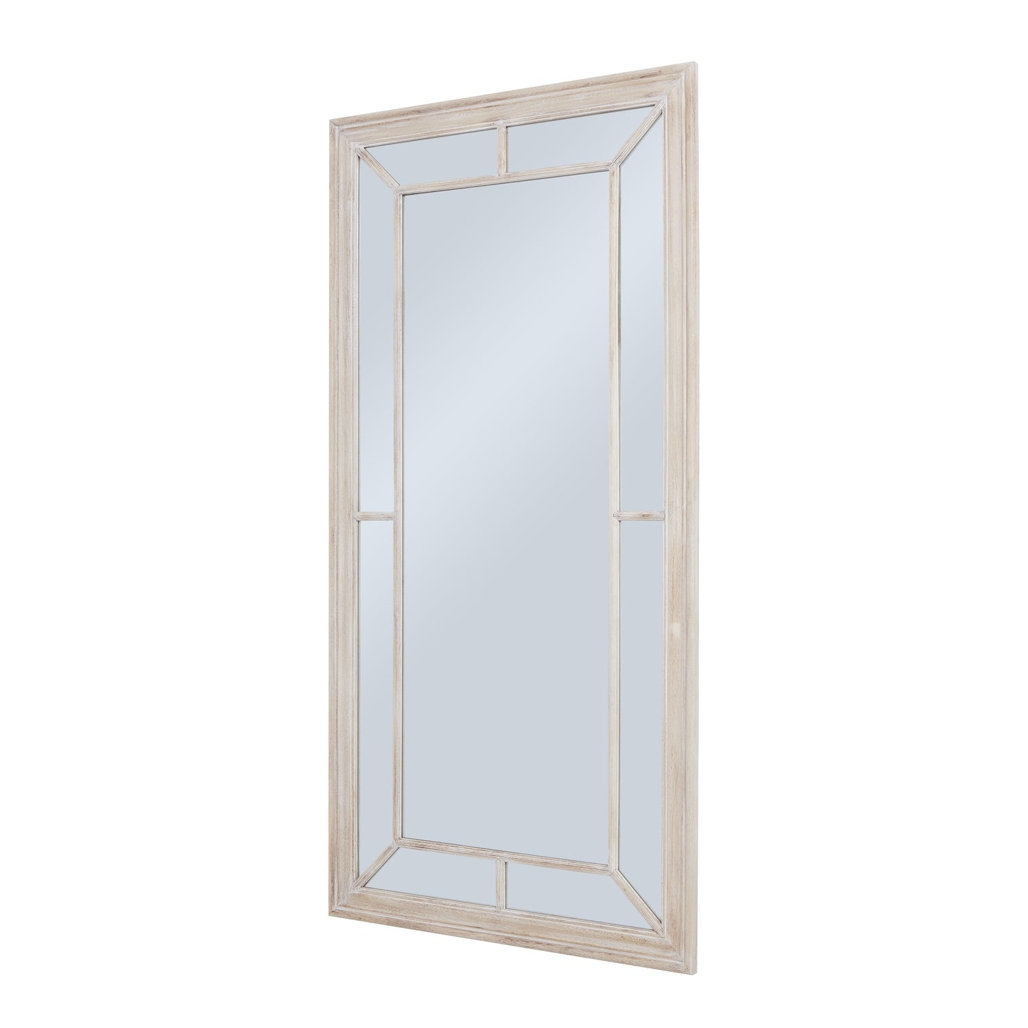 Large mirror with a weathered wood frame, featuring a classic paned design that adds rustic charm to any decor.