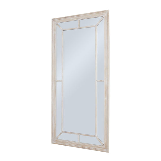 Large mirror with a weathered wood frame, featuring a classic paned design that adds rustic charm to any decor.