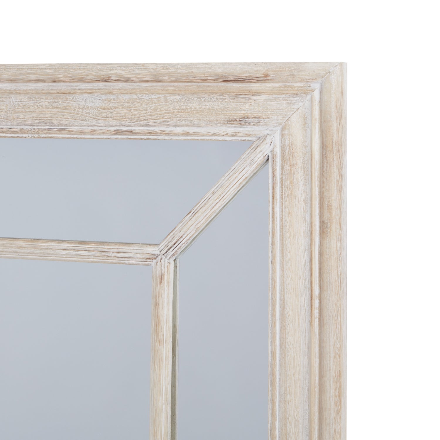 Large washed wood-framed window mirror featuring a distressed finish and expansive paned design, enhancing any wall with rustic charm.