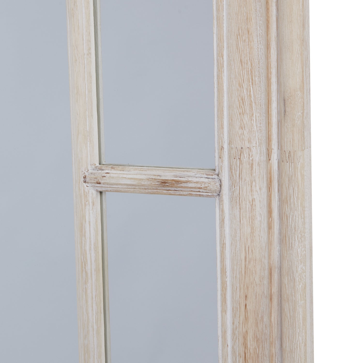 Large washed wood framed mirror featuring a weathered finish and expansive paned design, ideal for enhancing any wall.