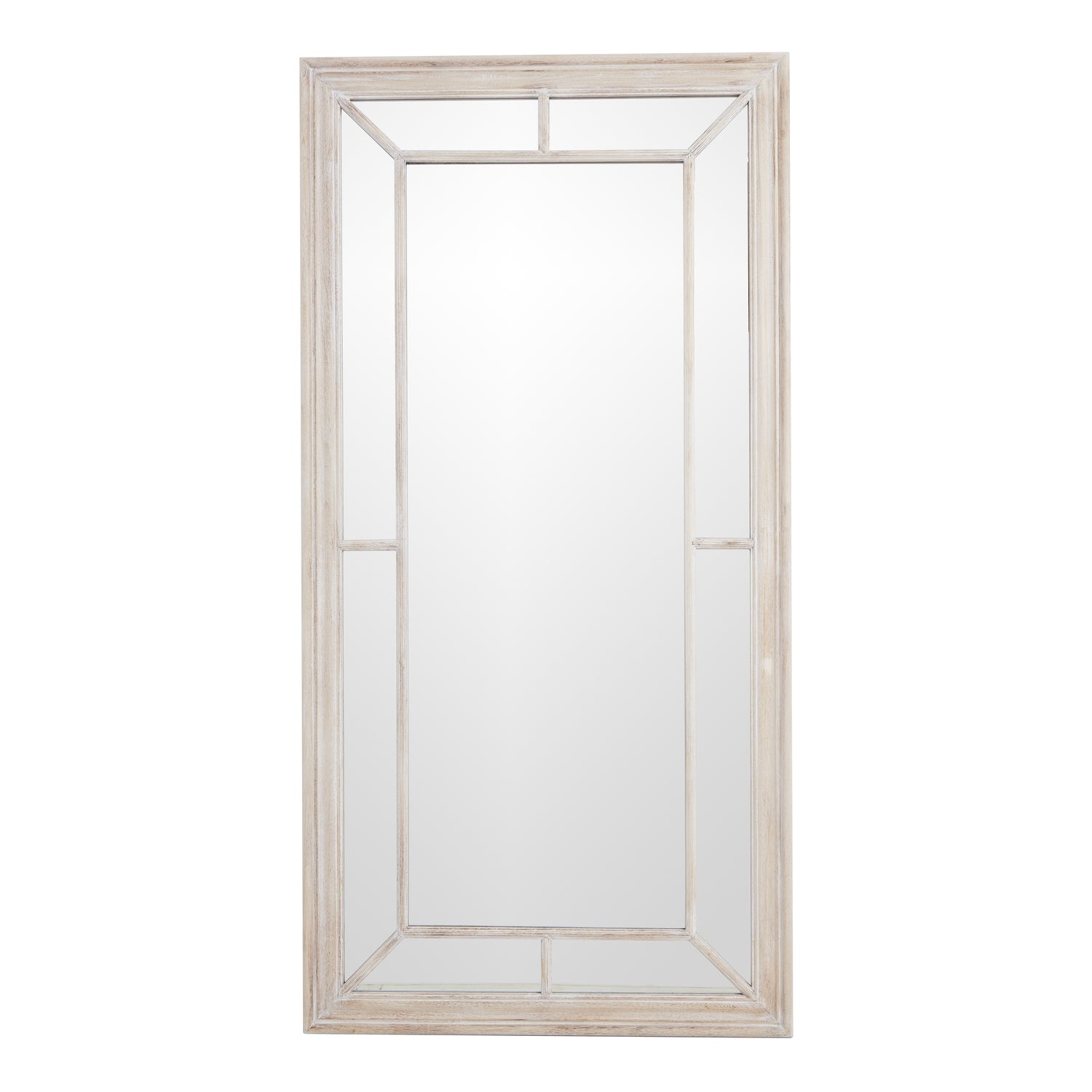 Large rectangular wall mirror featuring a weathered wood frame in a washed finish, enhancing rustic charm and elegance.