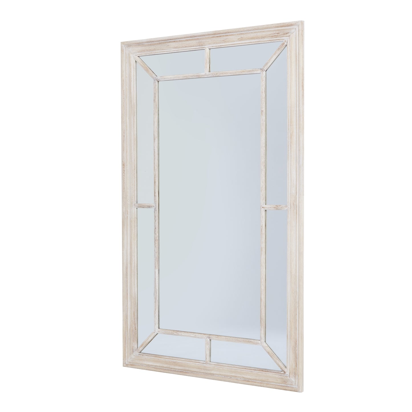 Washed wood framed wall mirror features a rustic window pane design, enhancing any room with light and inviting charm.