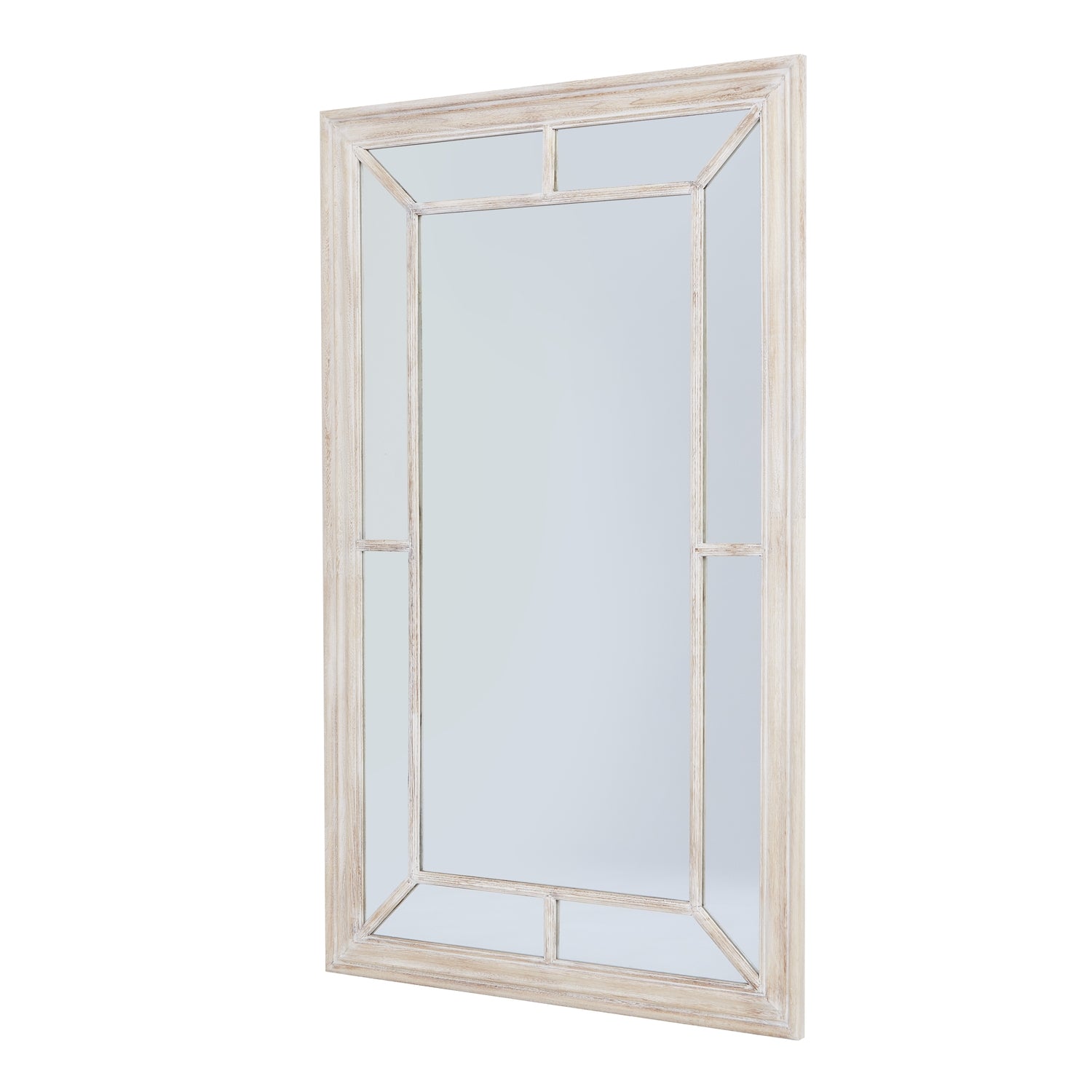 Washed wood framed wall mirror features a rustic window pane design, enhancing any room with light and inviting charm.