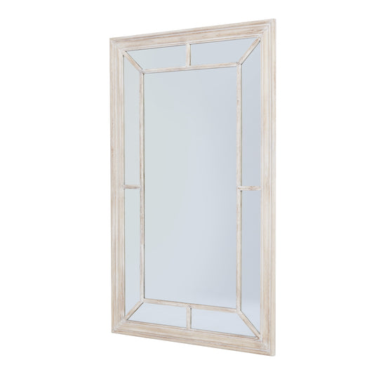 Washed wood framed wall mirror features a rustic window pane design, enhancing any room with light and inviting charm.