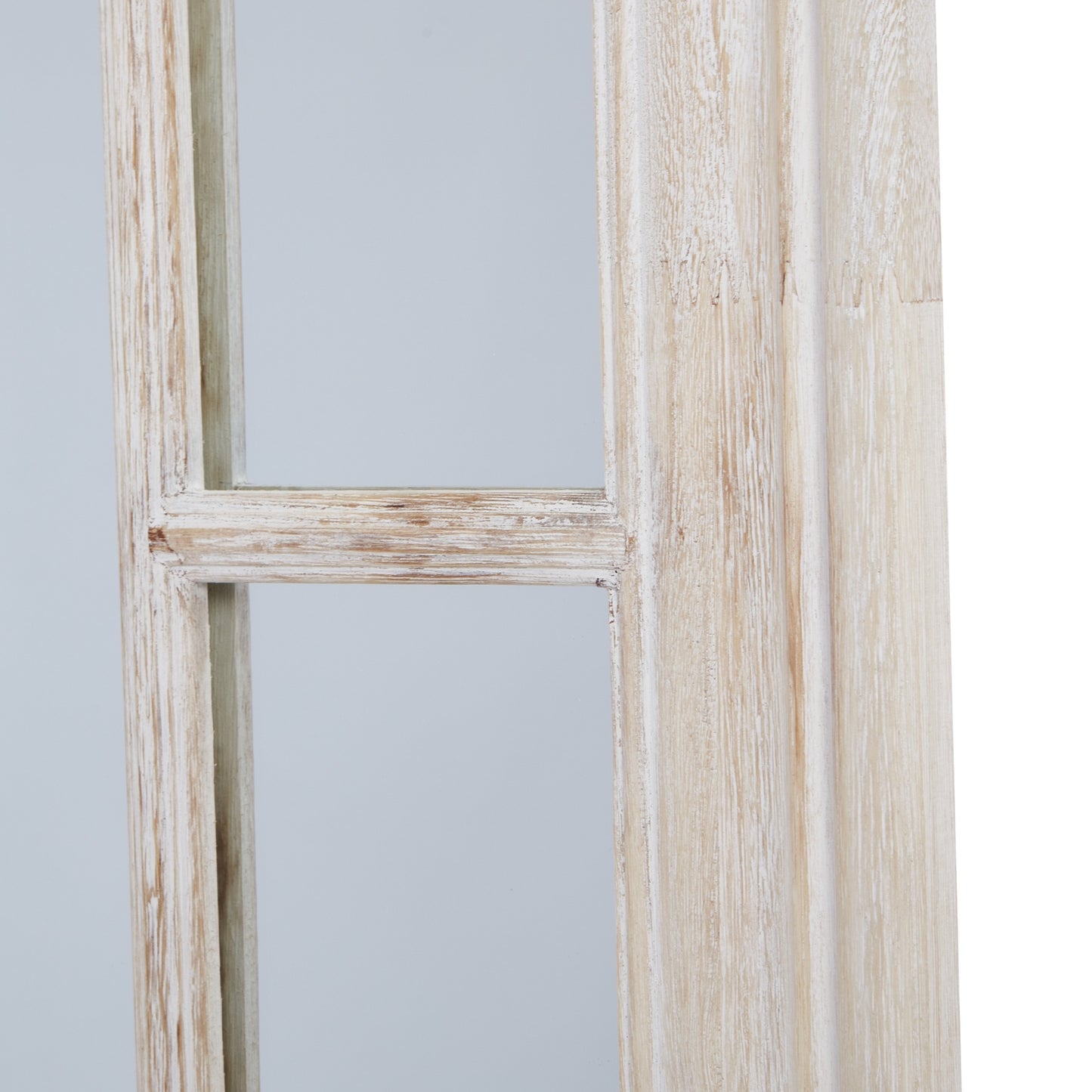 Washed wood framed window mirror with a weathered finish and architectural pane design, offering rustic charm and modern elegance.