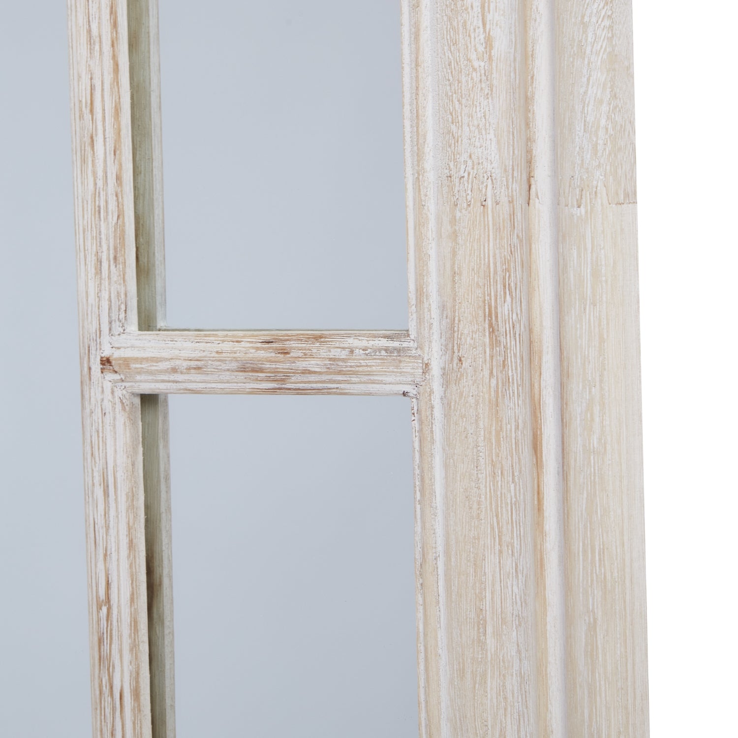 Washed wood framed window mirror with a weathered finish and architectural pane design, offering rustic charm and modern elegance.