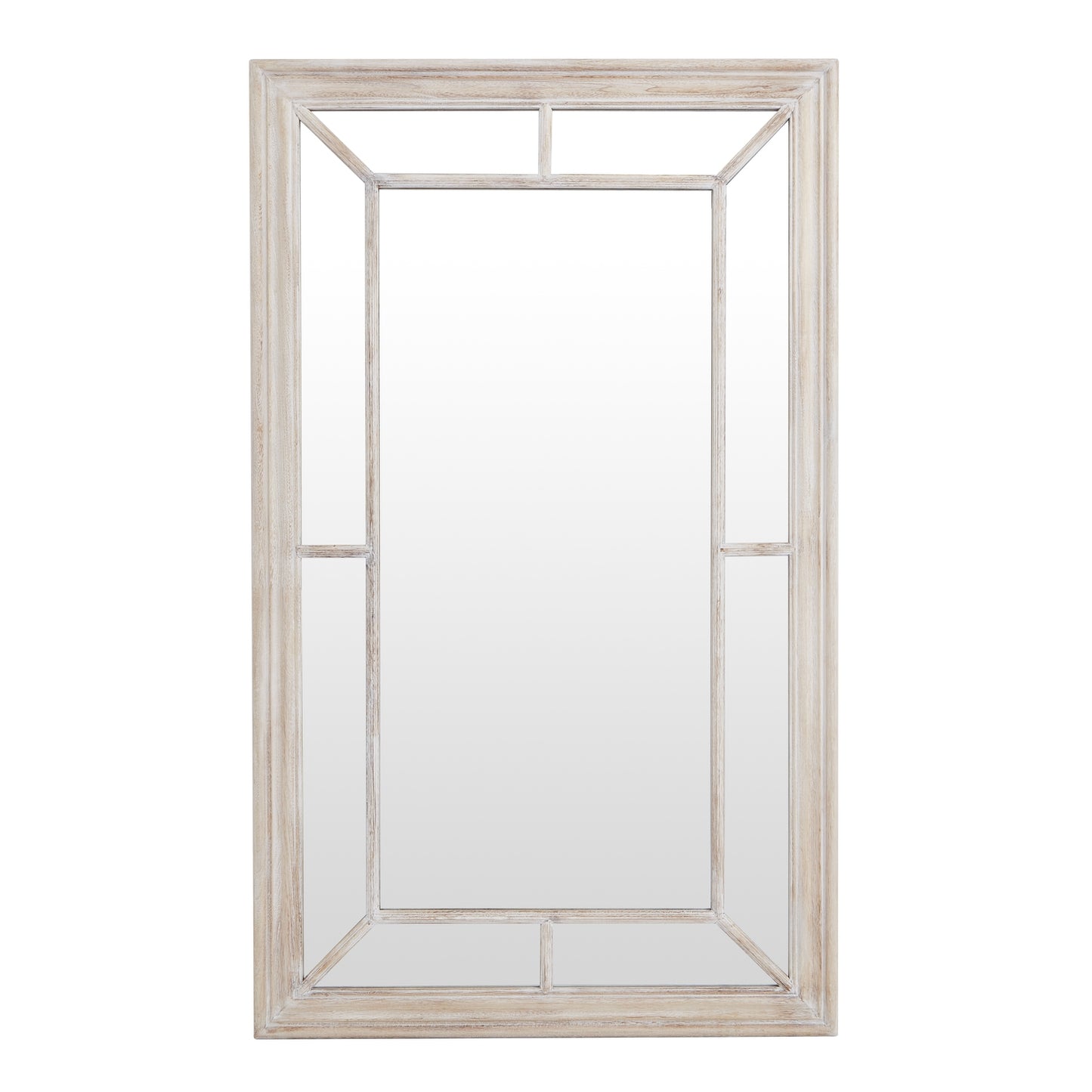 Washed wood framed wall mirror with an architectural window pane design, showcasing a weathered finish for rustic elegance.