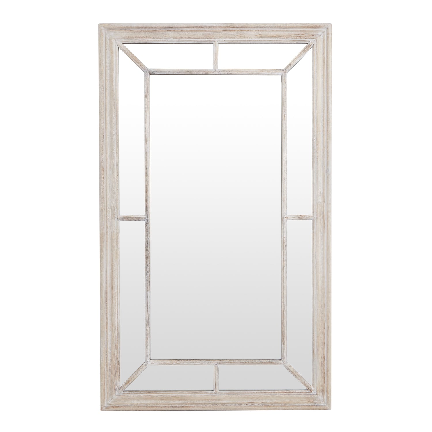 Washed wood framed wall mirror with an architectural window pane design, showcasing a weathered finish for rustic elegance.